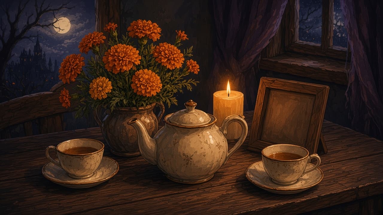 A quiet supper table with a teapot, marigolds, and an empty photo frame turned so no picture shows.