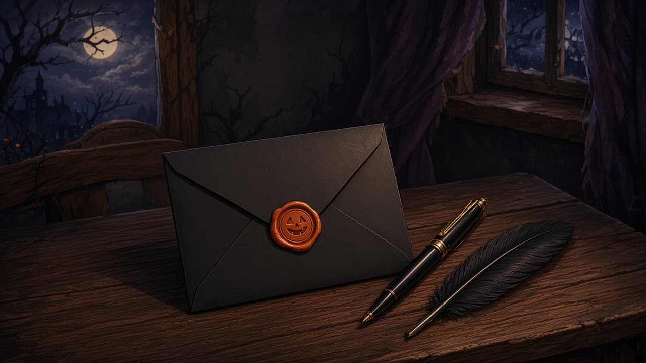 A blank black envelope with an orange seal, a crow feather, and a pen on a wooden desk.