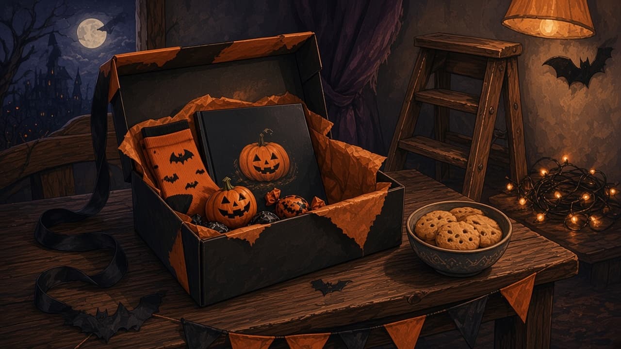 A living room table laid with paper bats, orange bunting, and biscuits, with a folded ladder unused against the wall.