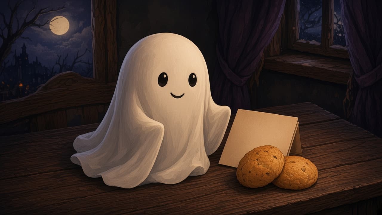 A friendly smiling ghost on a kitchen table beside a blank note and two biscuits.