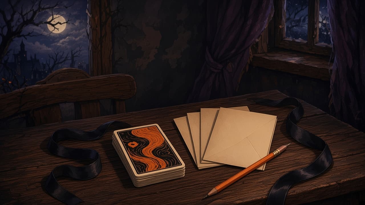 A stack of patterned fortune cards, blank envelopes, and a pencil on a wooden table.