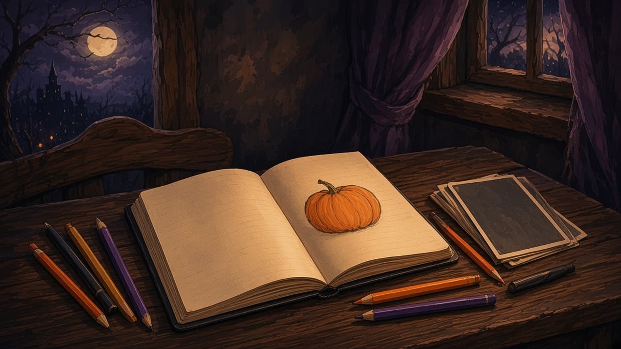 An open journal with a drawn pumpkin, coloured pencils, and a stack of photographs lying face down.