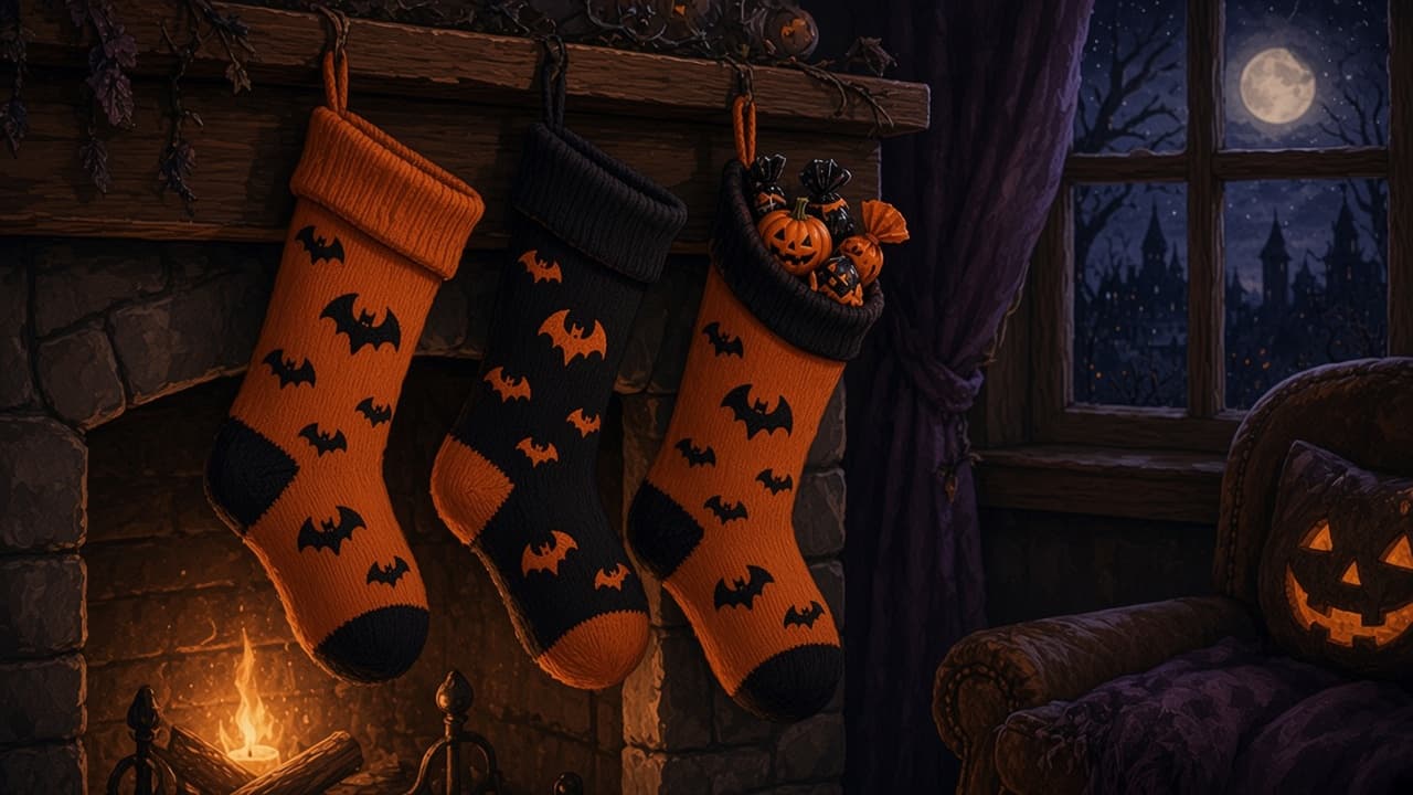 Orange and black stockings hanging from a wooden mantel, one showing a tiny pumpkin and wrapped sweets.
