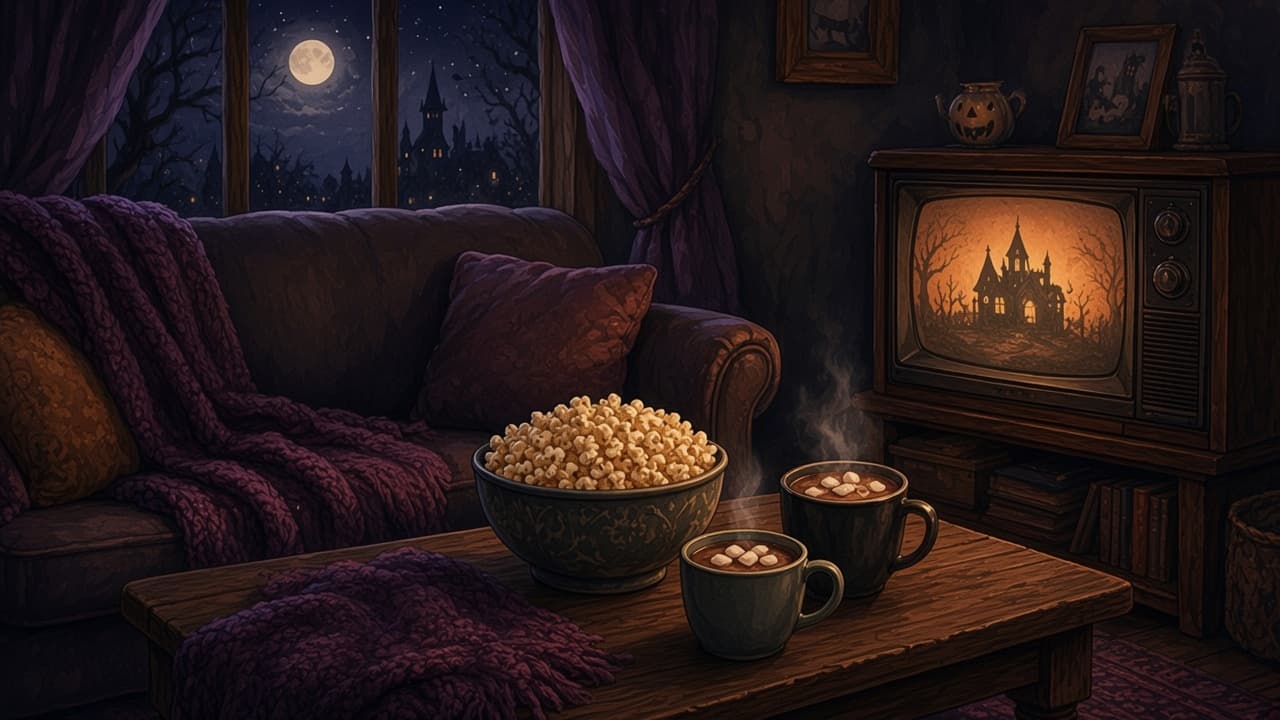 A sofa, popcorn, and mugs of cocoa facing a television that shows a simple haunted-house silhouette.
