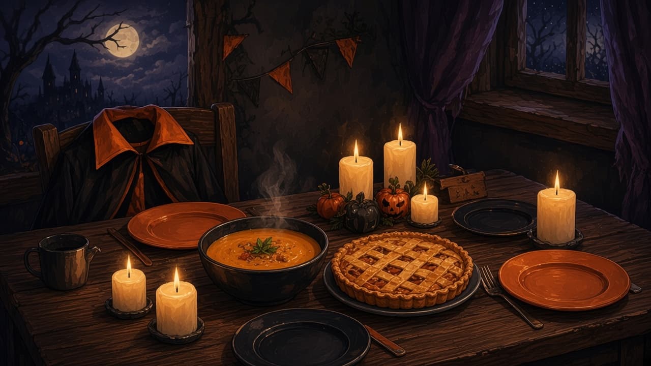 A Halloween table with pumpkin soup, an apple tart, orange and black plates, and glowing flameless candles.