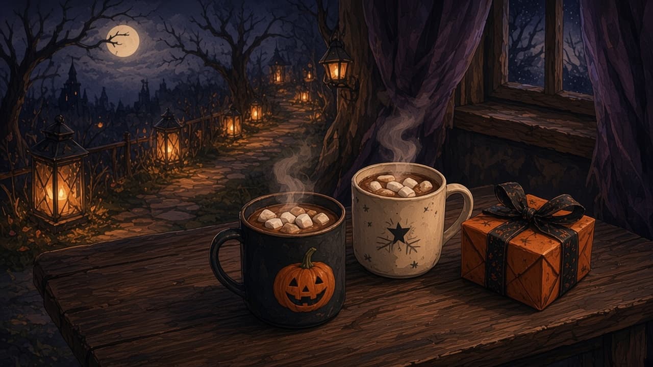 A moonlit garden path lined with glowing lanterns, with hot chocolate and a small wrapped gift on a table.