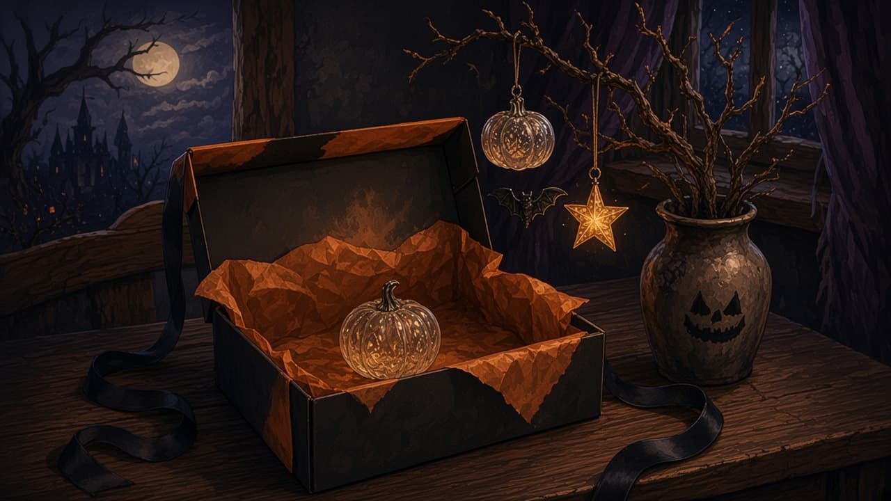 A branch in a vase hung with a glass pumpkin, a bat, and a star, with one more ornament still in its box.