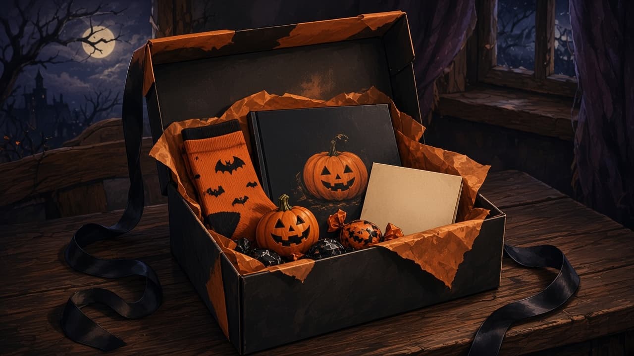 An open Halloween box on a wooden table, packed with orange socks, a small pumpkin, a picture book, sweets, and a blank note.