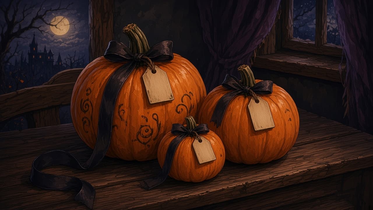 Three pumpkins on a wooden step at night, one painted with swirls, with ribbons on their stems.