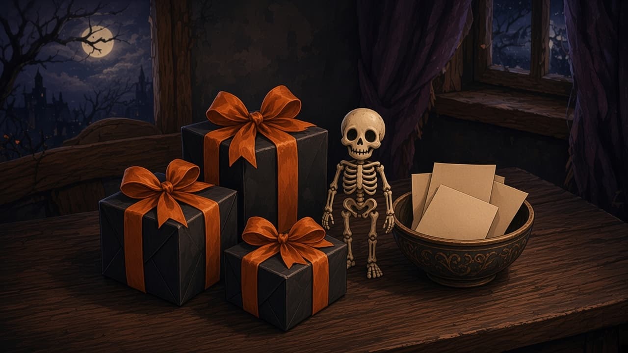 Small gifts wrapped in black paper with orange ribbon, beside a bowl of folded blank slips.