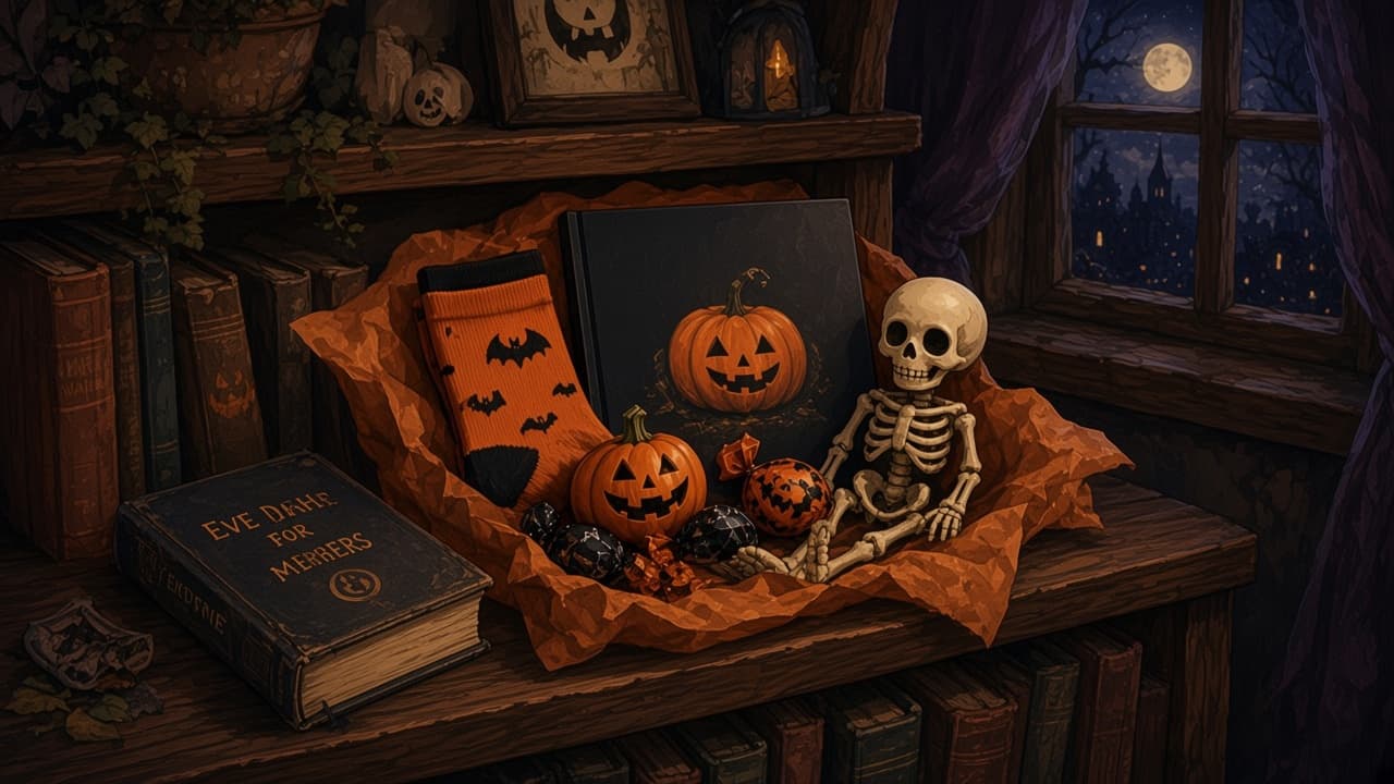 A small toy skeleton sitting on a low bookshelf among storybooks.