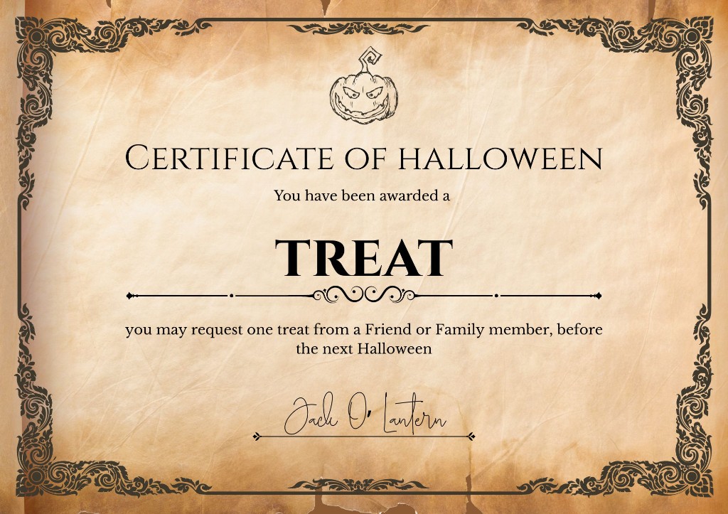 Treat Certificate printable Halloween certificate
