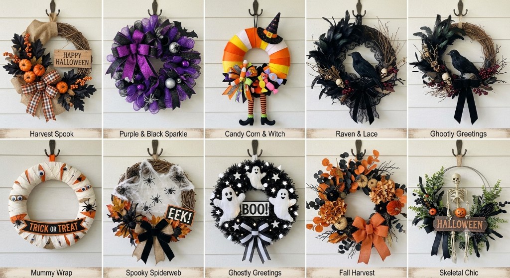 Ten handmade Halloween door wreaths displayed on a wall, each with a name label