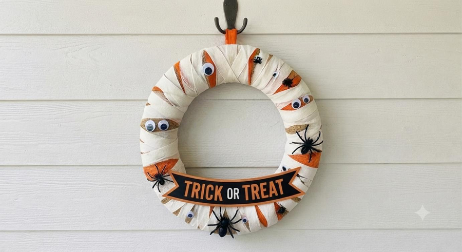 Mummy Wrap Halloween door wreath