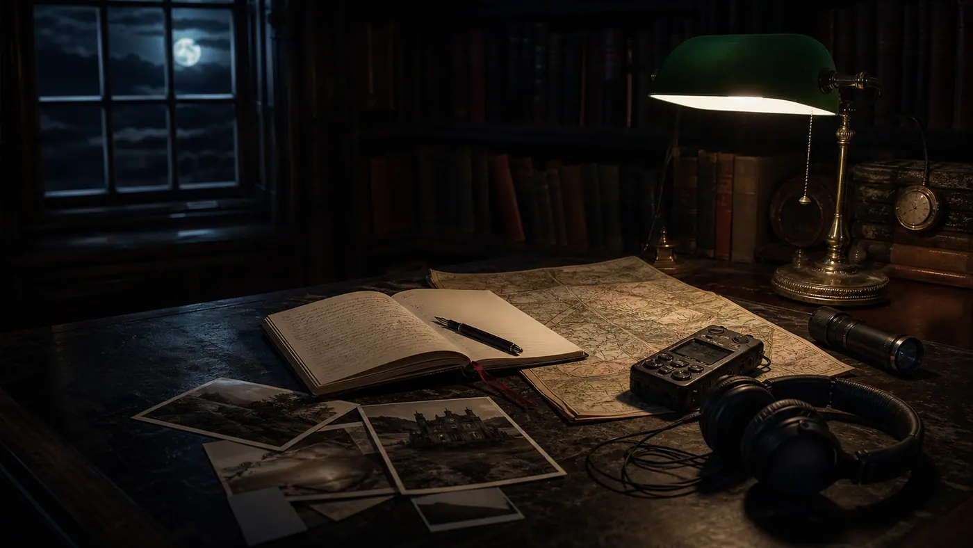A research notebook, map and recording equipment in a historic library